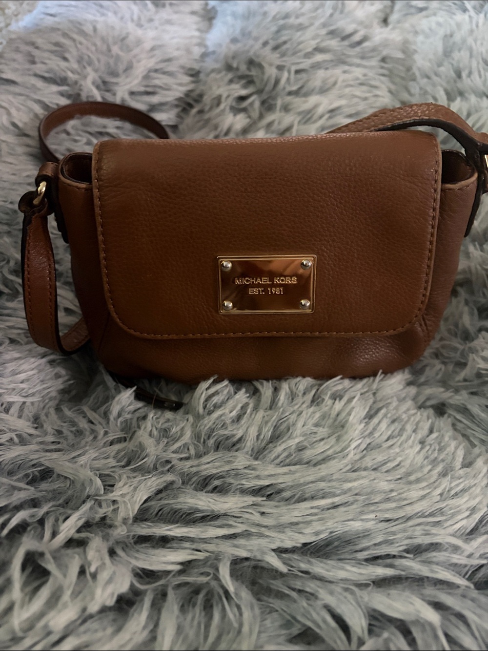 Michael Kors Cognac Leather Crossbody with Gold Plaque